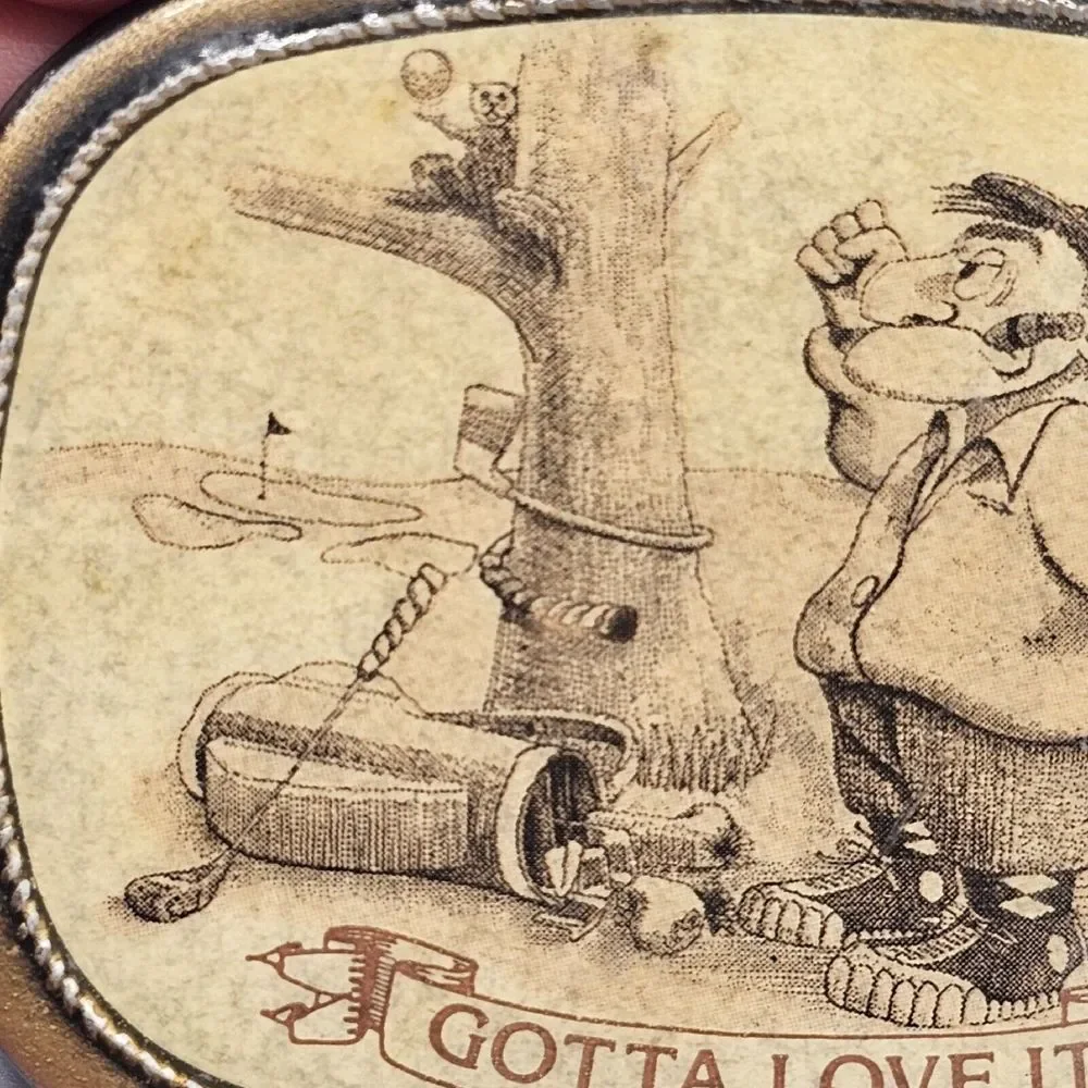 Vintage Cartoon Belt Buckle Angry Golfer Squirrel Thief Signed HiG